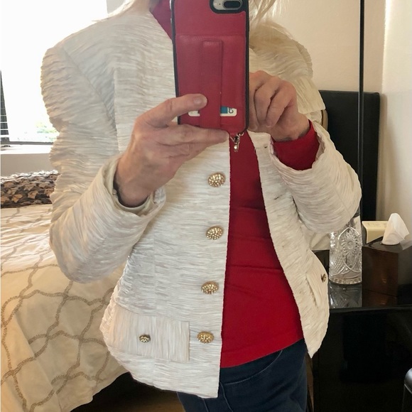 Ivory Jacket w/ rhinestone buttons w/ textured/ribbed / gathered fabric. - Picture 4 of 9